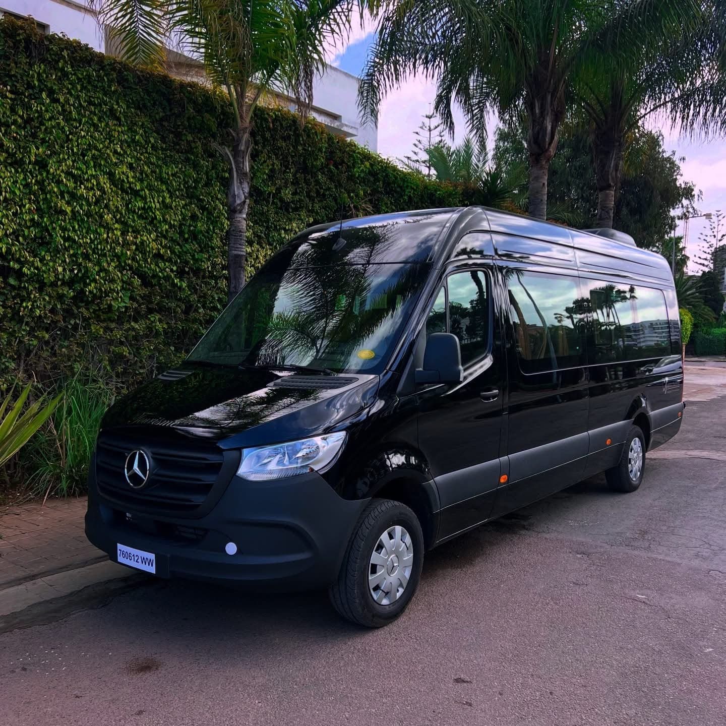 Black Mercedes Sprinter minibus parked beside palm trees in Morocco