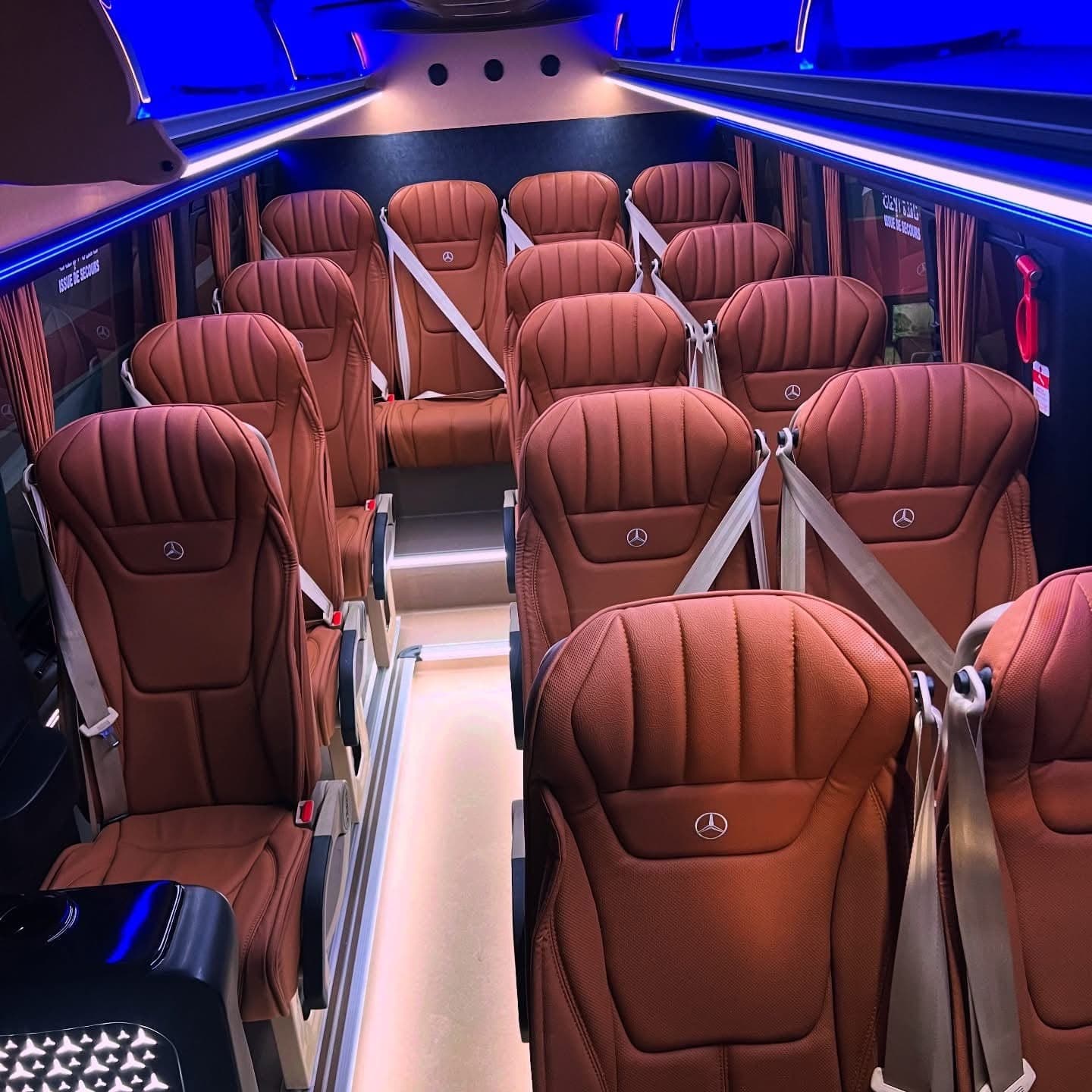 Tan leather interior of a Mercedes Sprinter minibus